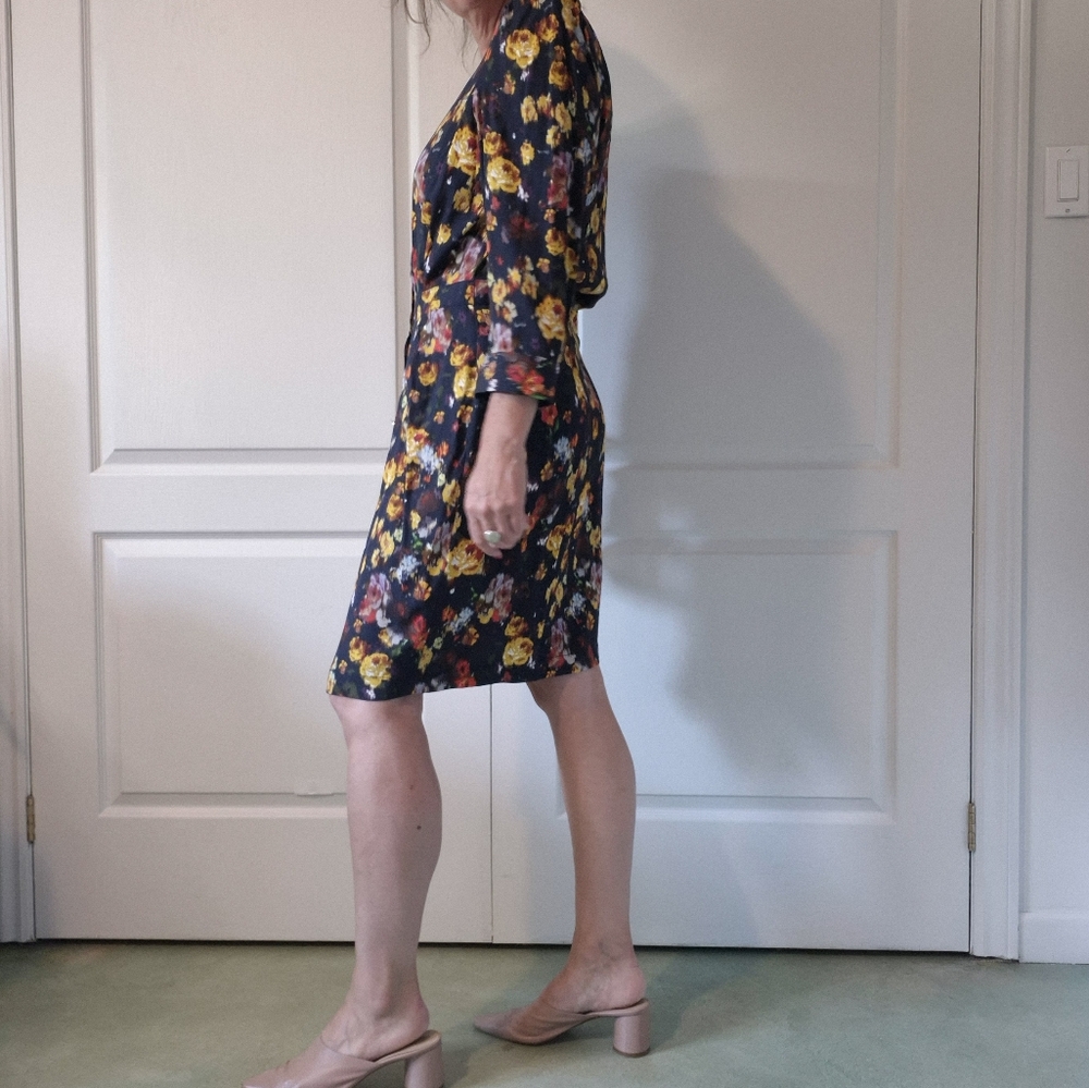La Petit Française Navy Floral Viscose Dress | Size 42/L | Puff Sleeve